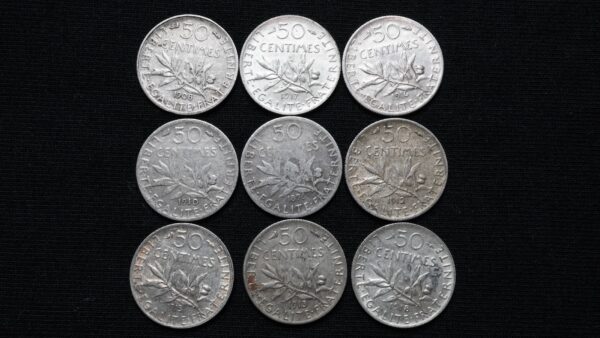 Lot de 9 x 50 centimes Semeuse argent