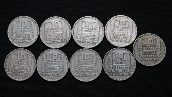 Lot de 9 x 10 Francs Turin argent