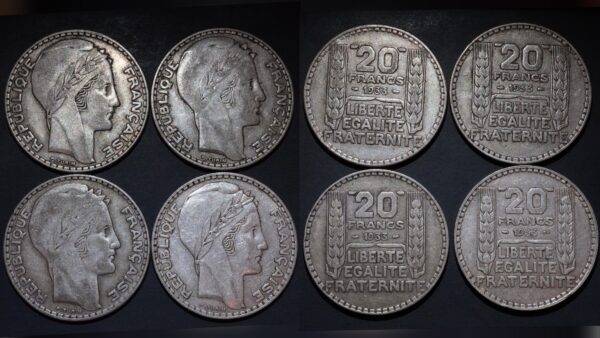 Lot de 4 x 20 francs Turin Argent
