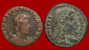 Lot de 2 monnaies : demi maiorina de Constance Galle et nummus de Constantin Ier