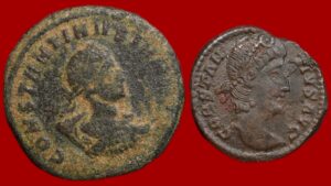Lot de 2 monnaies : follis de Constantin II et nummus de Constance II