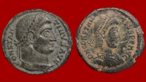 Lot de 2 monnaies : demi maiorina de Constance II et nummus de Constantin I